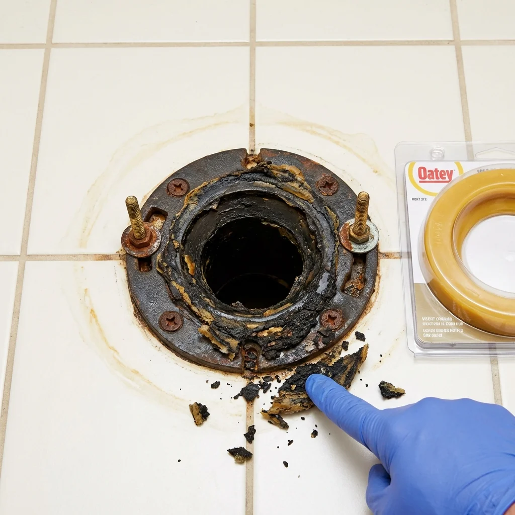 Failed wax ring showing water seepage at the base of a toilet in a Dallas, PA home